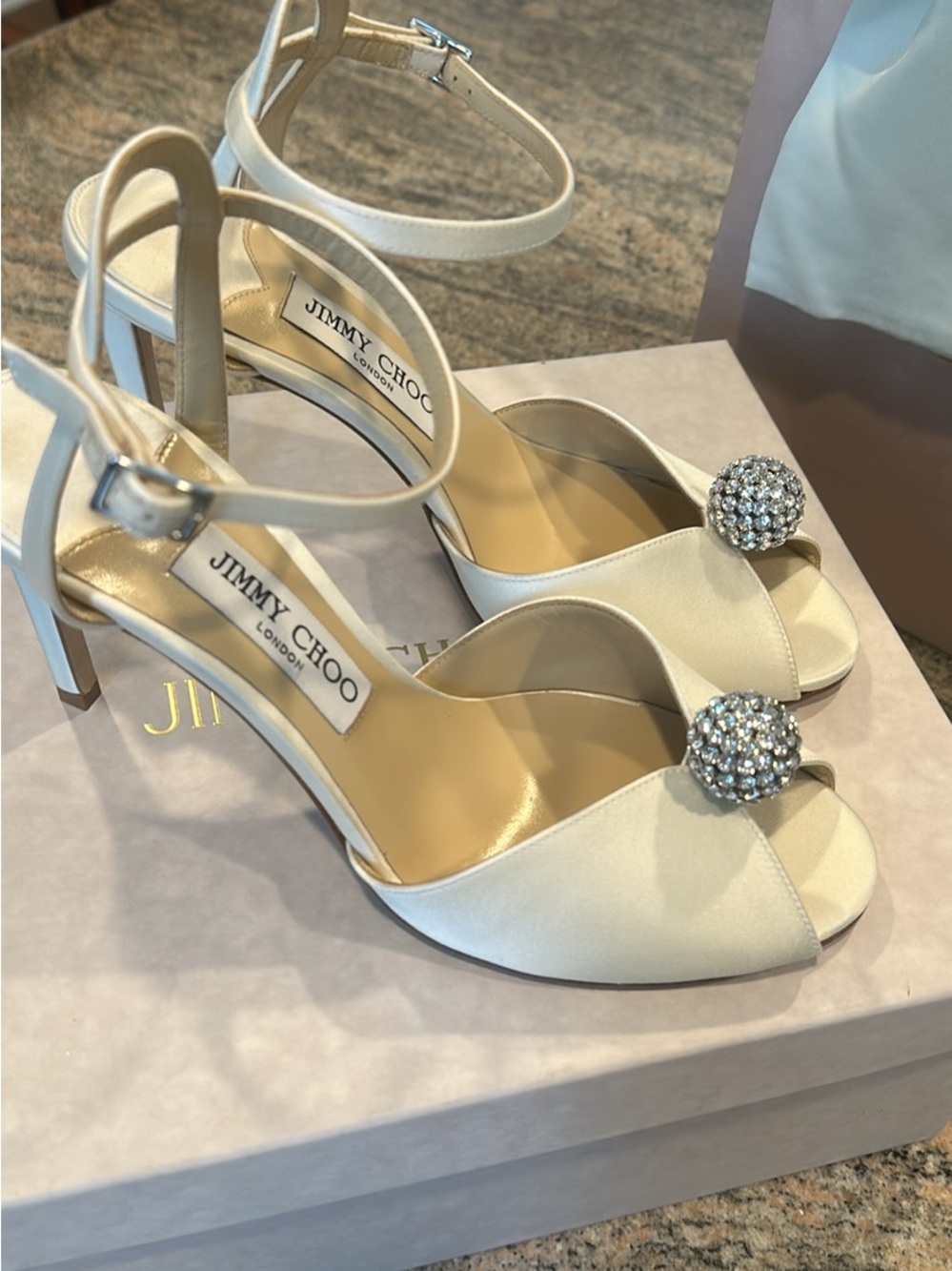 Jimmy Choo Cream Satin Open-Toe Heels with Crystal Ball Accent